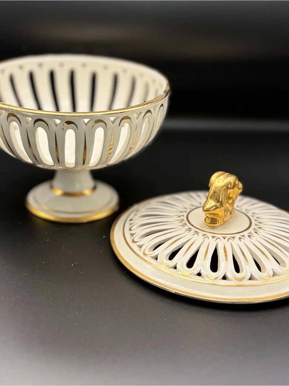 Vintage Reticulated Porcelain  Candy Dish w/ Lid Gold Trim (Italy) *Flaw*